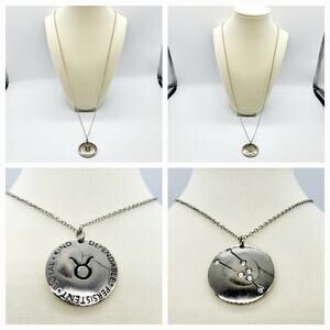 Taurus Zodiac Rhinestone Engraved WGB White Gold Bond Stamp Silver Tone Necklace